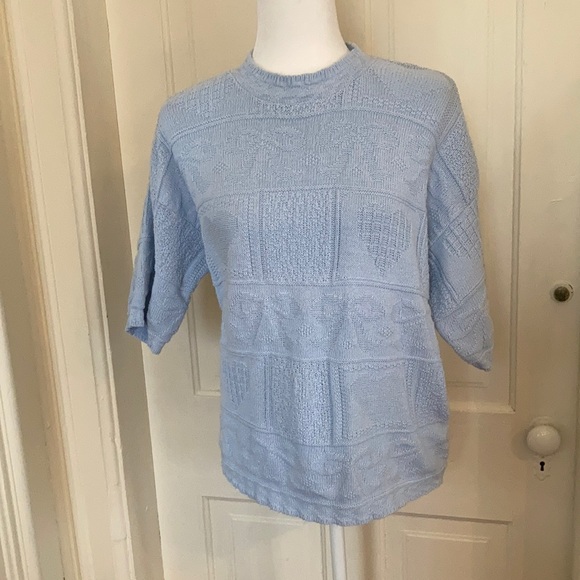 Bentley Sweaters - Bentley, powder blue 100% cotton summer sweater in heart and bow design, size L